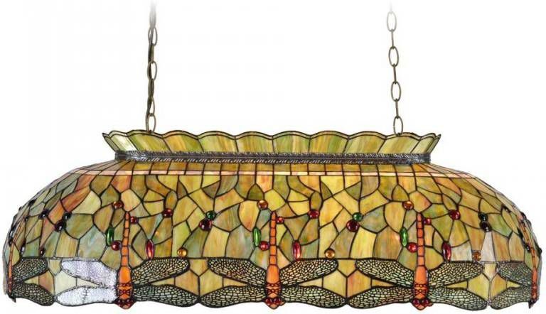 Clayre & Eef Tiffany Pooltafel/Leestafel Lamp Uit De Dragonfly Green Serie Oranje, Groen, Rood, Ivory Glas, Metaal