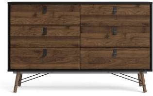 Hioshop Rye kommode 6 laden mat zwart en walnoot decor.