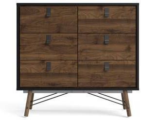 Hioshop Rye kommode 6 laden mat zwart en walnoot decor.