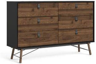 Hioshop Rye Ladekast breed 6 laden matzwart, walnoot decor.