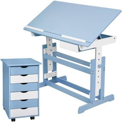 Tectake 401241 Verstelbaar Bureau 109 Cm Blauw Inclusief Ladekast