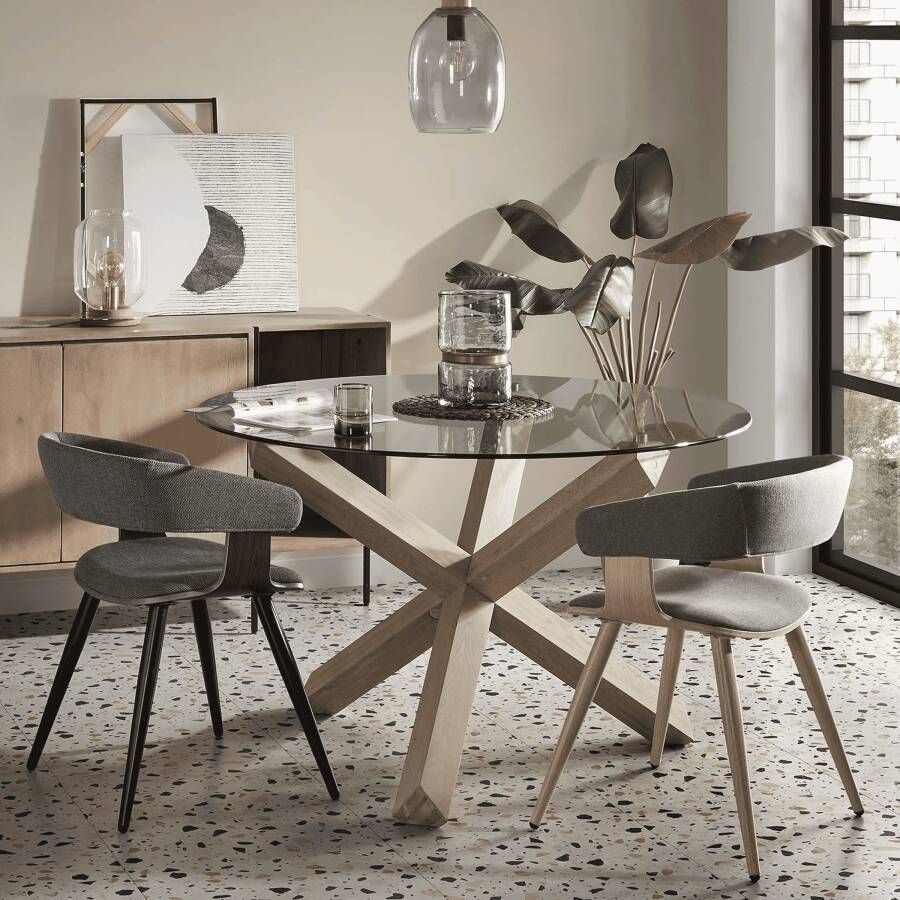 Kave Home Lotus ronde glazen tafel met massief eiken poten Ø 120 cm