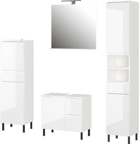 GERMANIA Badkamerserie Scantic halfhoge kast, spiegel, wastafelonderkast, hoge kast, inclusief verlichting, greeploze look, mdf fronten(set, 4 stuks )