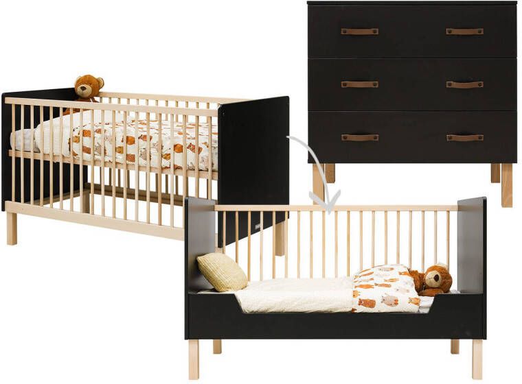 bopita Babykamer Floris 2 delig om te bouwen 70 x 140 cm mat zwart/naturel